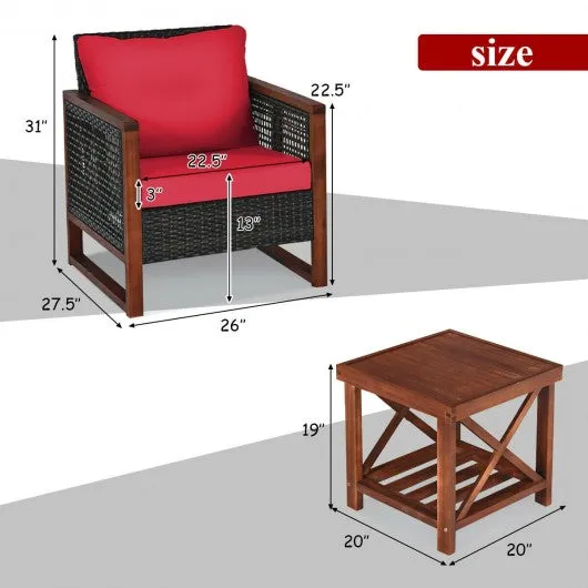 3 Pcs Patio Wicker Furniture Sofa Set with Wooden Frame and Cushion-Red