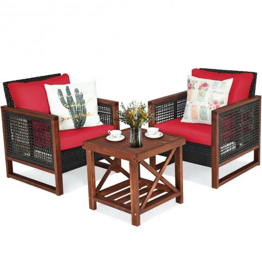 3 Pcs Patio Wicker Furniture Sofa Set with Wooden Frame and Cushion-Red