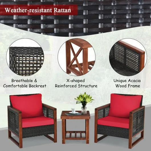 3 Pcs Patio Wicker Furniture Sofa Set with Wooden Frame and Cushion-Red