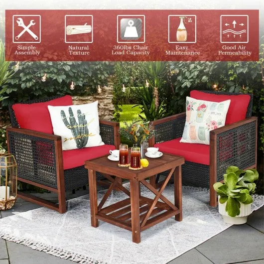 3 Pcs Patio Wicker Furniture Sofa Set with Wooden Frame and Cushion-Red