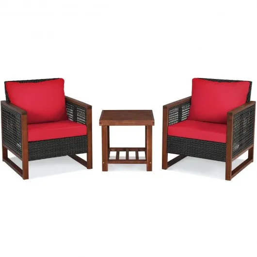 3 Pcs Patio Wicker Furniture Sofa Set with Wooden Frame and Cushion-Red