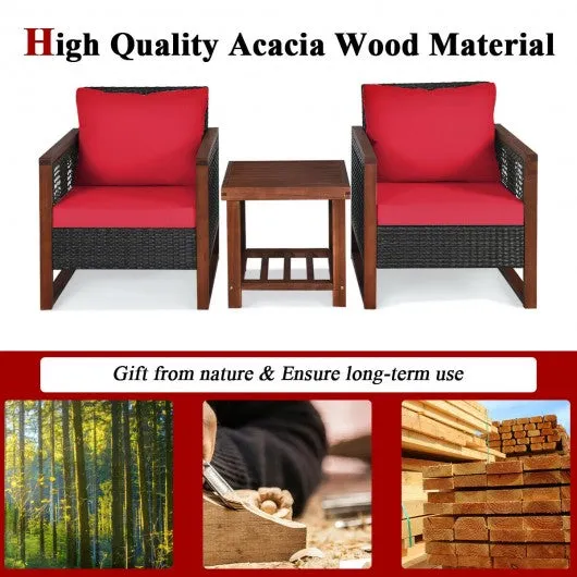 3 Pcs Patio Wicker Furniture Sofa Set with Wooden Frame and Cushion-Red