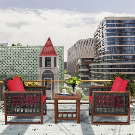 3 Pcs Patio Wicker Furniture Sofa Set with Wooden Frame and Cushion-Red