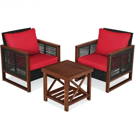 3 Pcs Patio Wicker Furniture Sofa Set with Wooden Frame and Cushion-Red