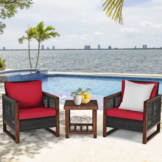 3 Pcs Patio Wicker Furniture Sofa Set with Wooden Frame and Cushion-Red