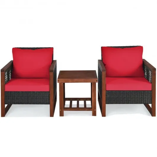 3 Pcs Patio Wicker Furniture Sofa Set with Wooden Frame and Cushion-Red