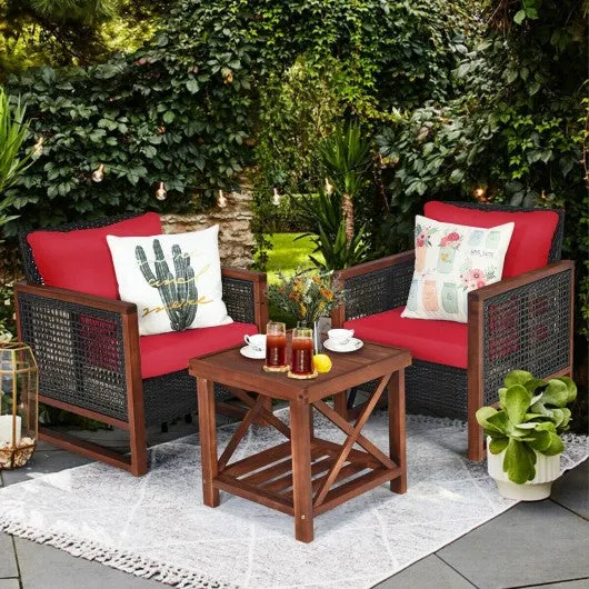 3 Pcs Patio Wicker Furniture Sofa Set with Wooden Frame and Cushion-Red