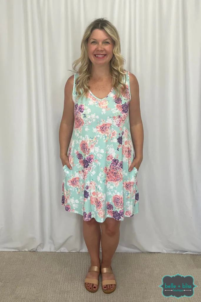 Ashlyn Floral Sleeveless Dress with Pockets - Mint