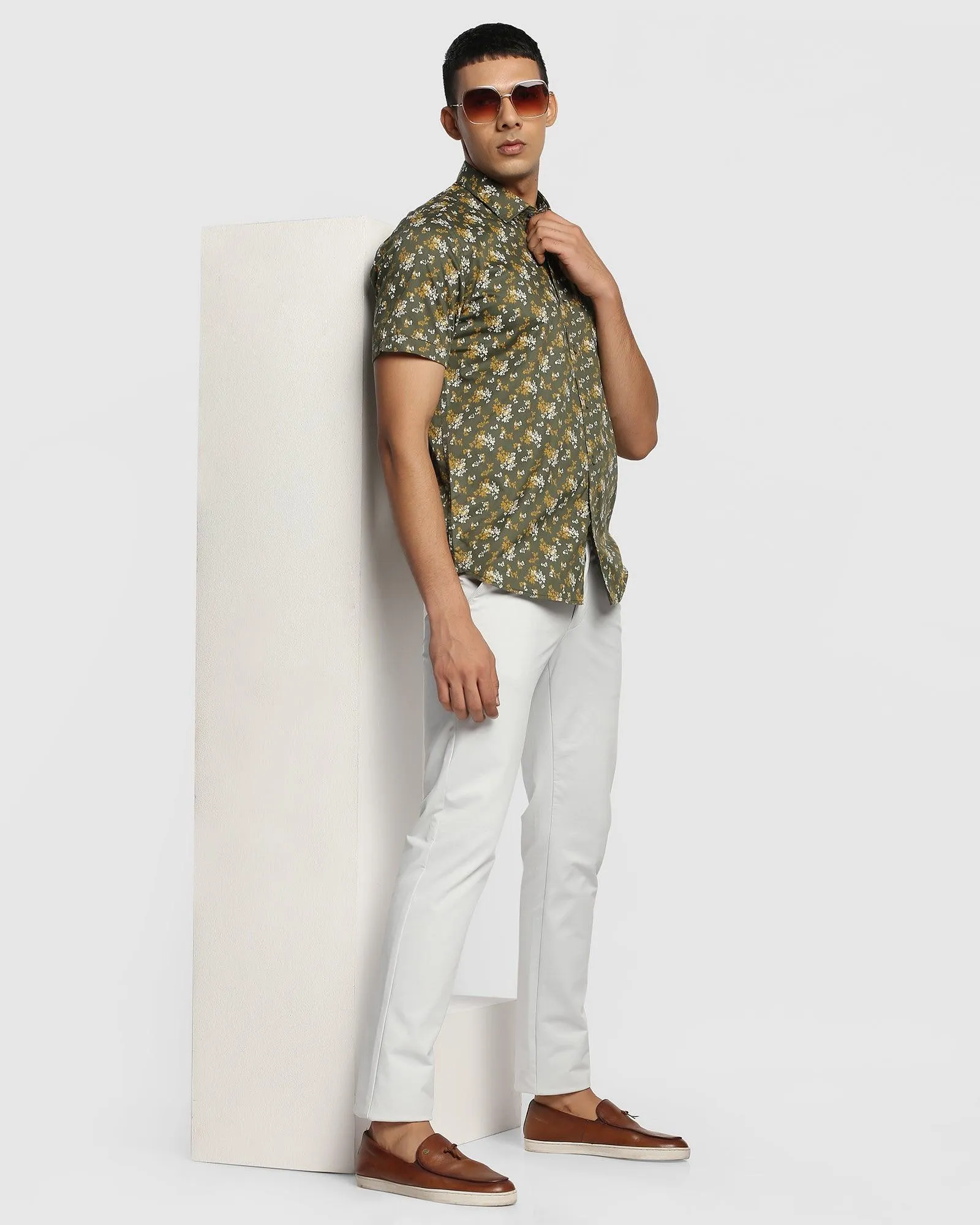 Formal Half Sleeve Olive Printed Shirt - Clady