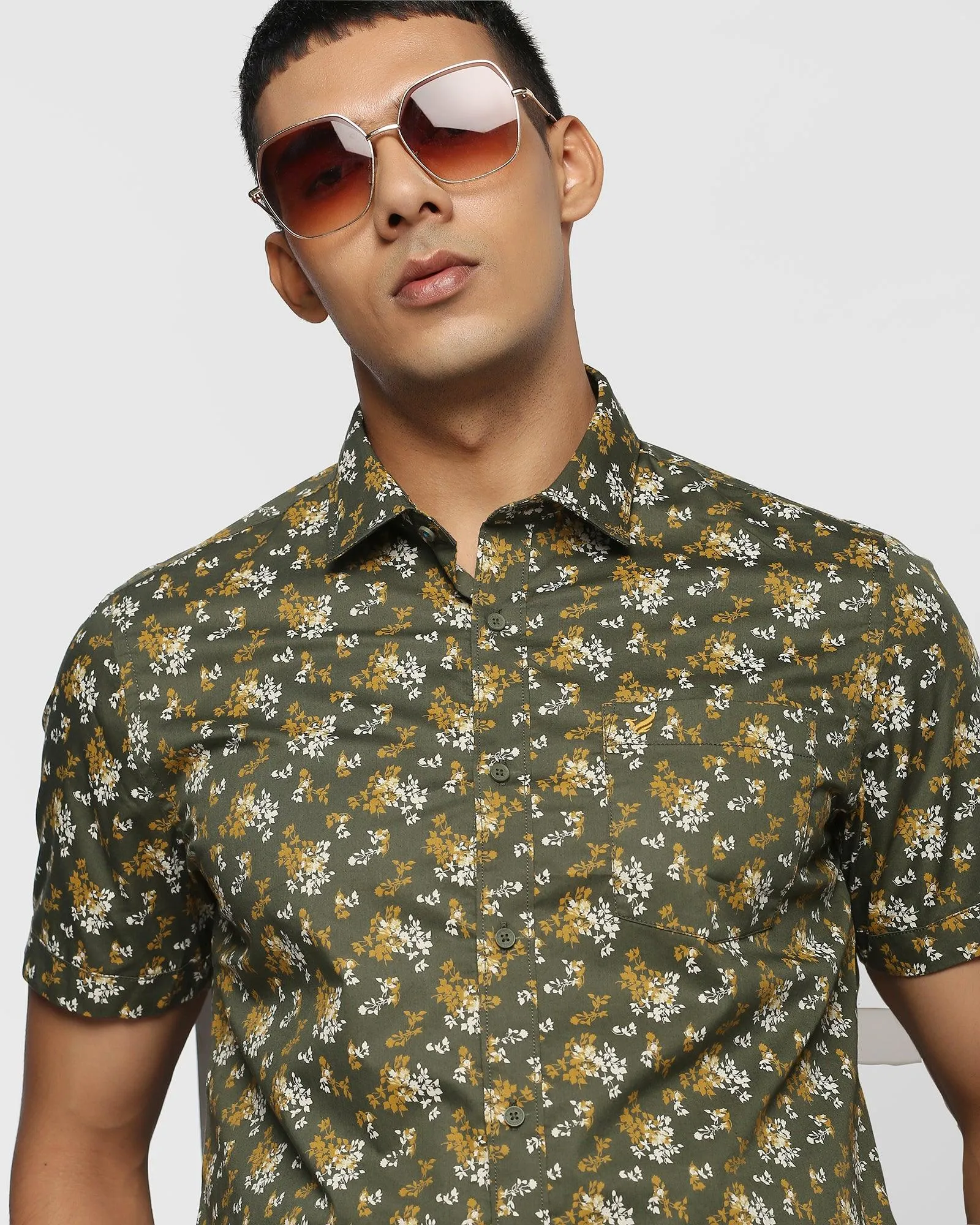 Formal Half Sleeve Olive Printed Shirt - Clady