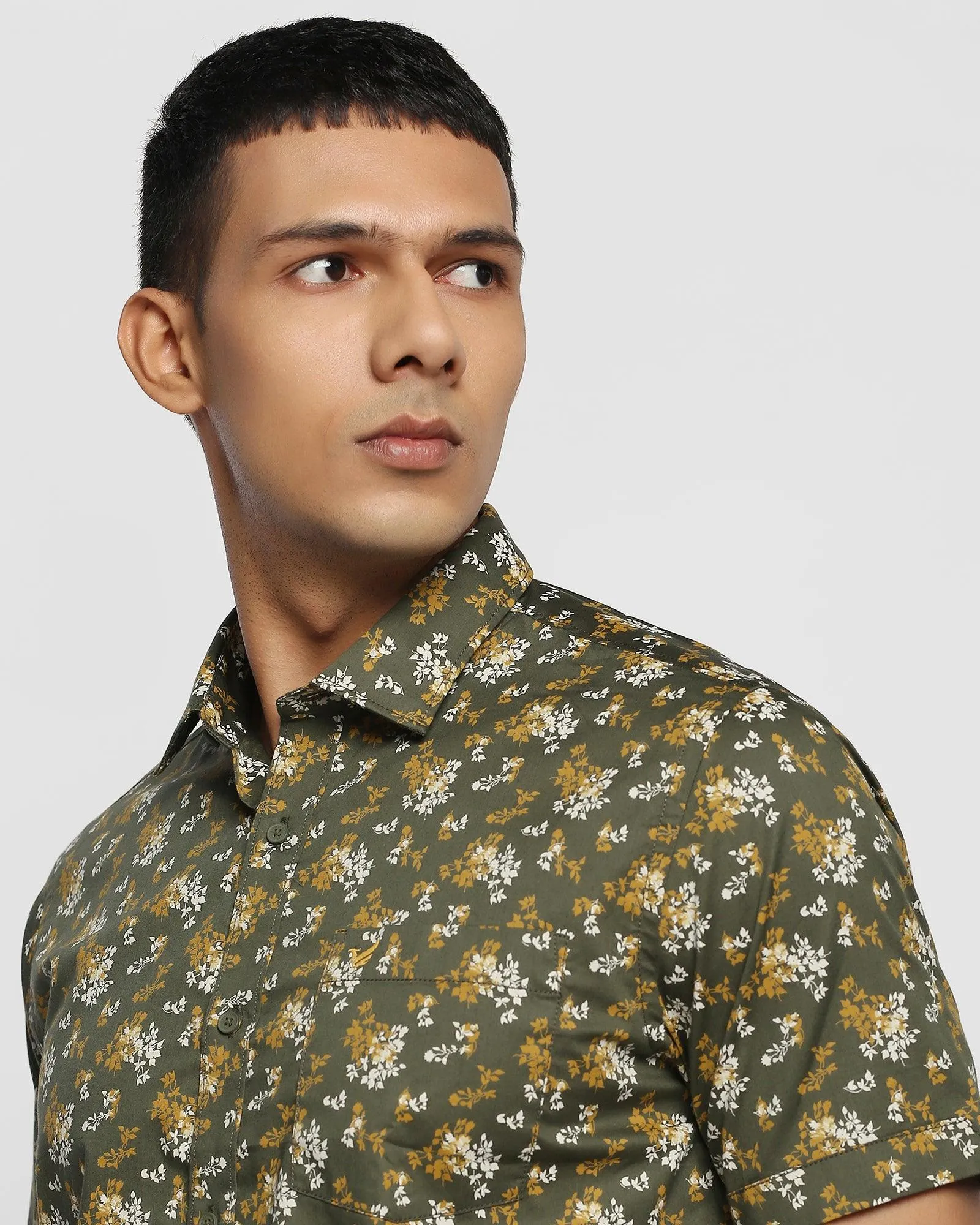 Formal Half Sleeve Olive Printed Shirt - Clady