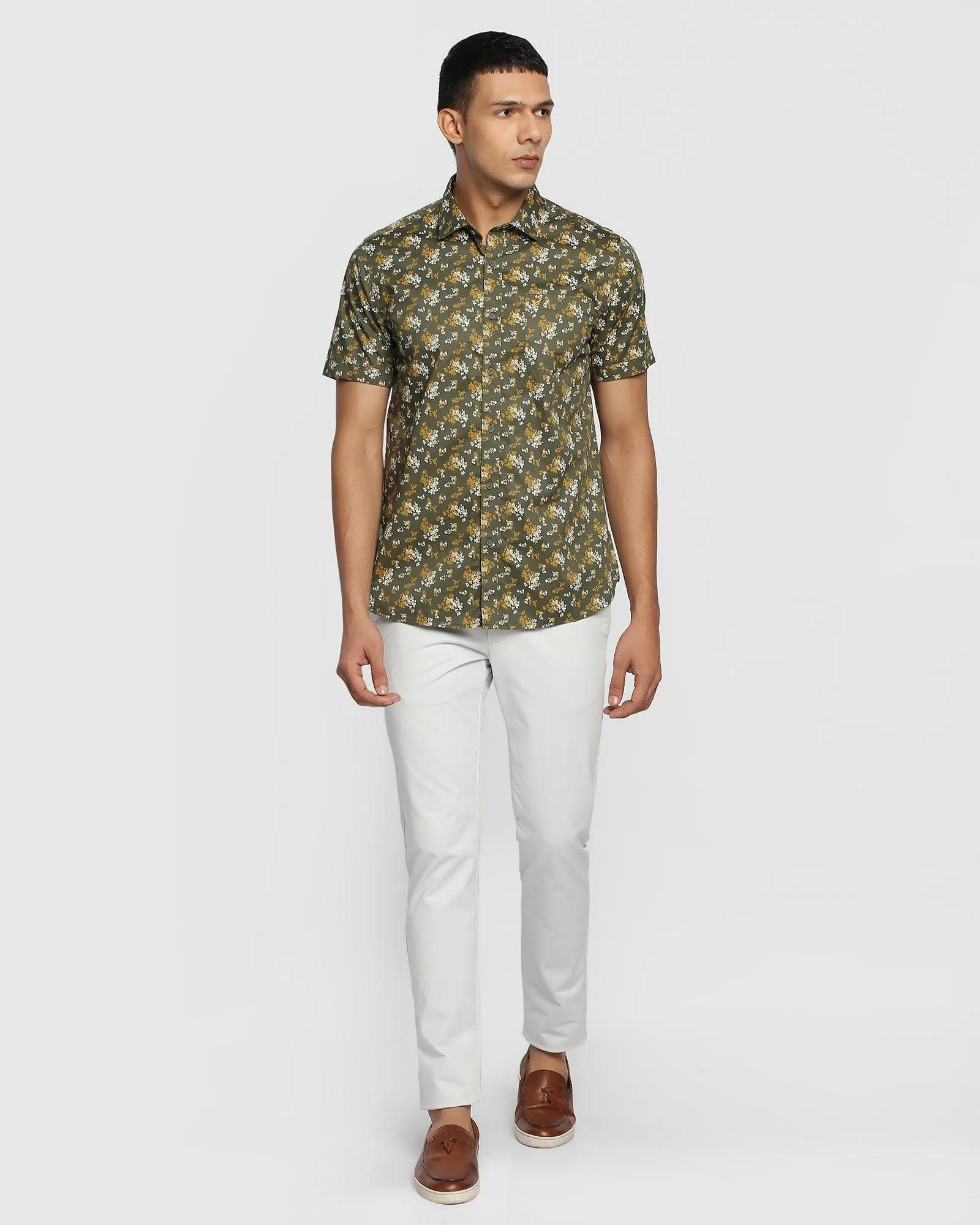 Formal Half Sleeve Olive Printed Shirt - Clady