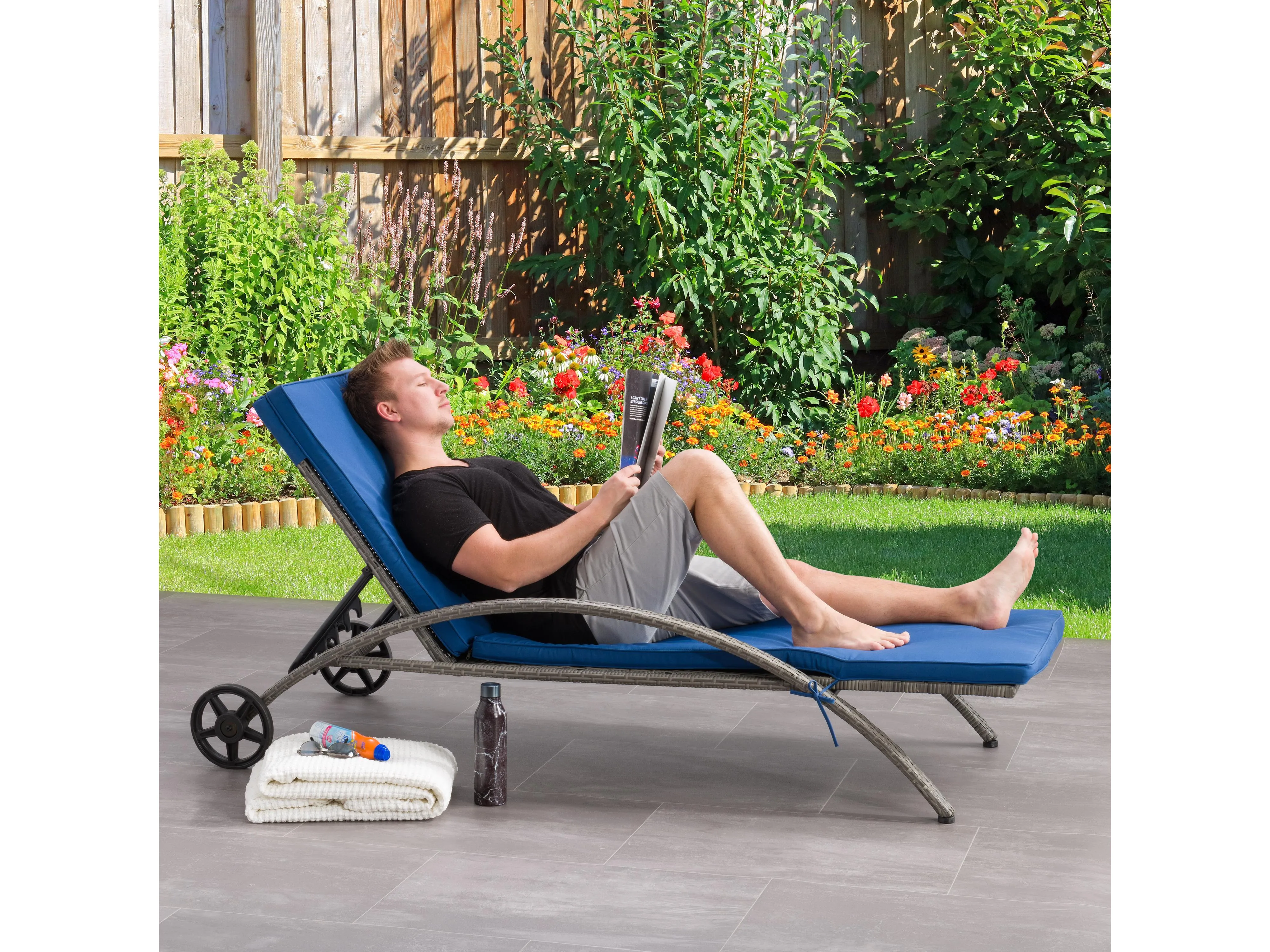 Grey and Blue Outdoor Wicker Lounge Chair