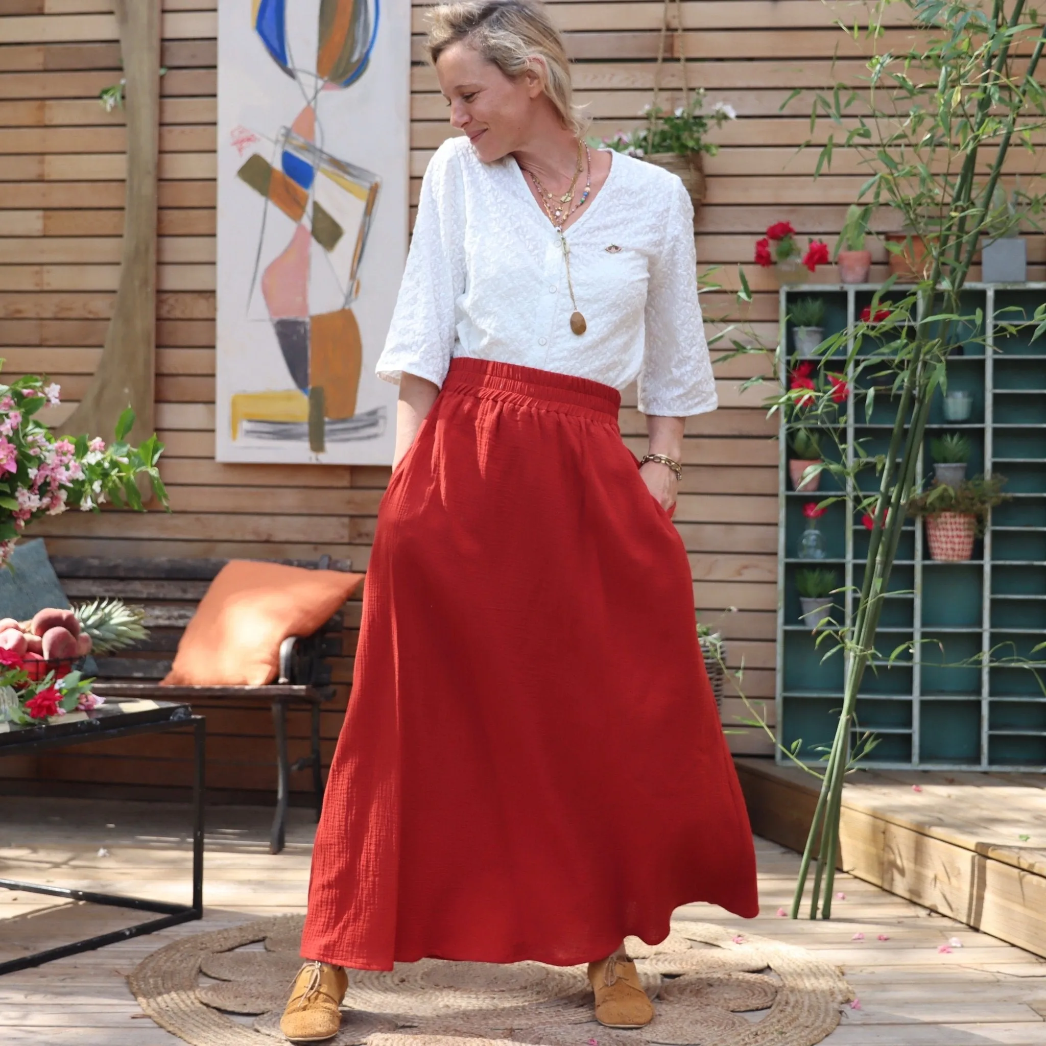Jupe Tao Double gaze de coton terre de Sienne - 102cm de hauteur
