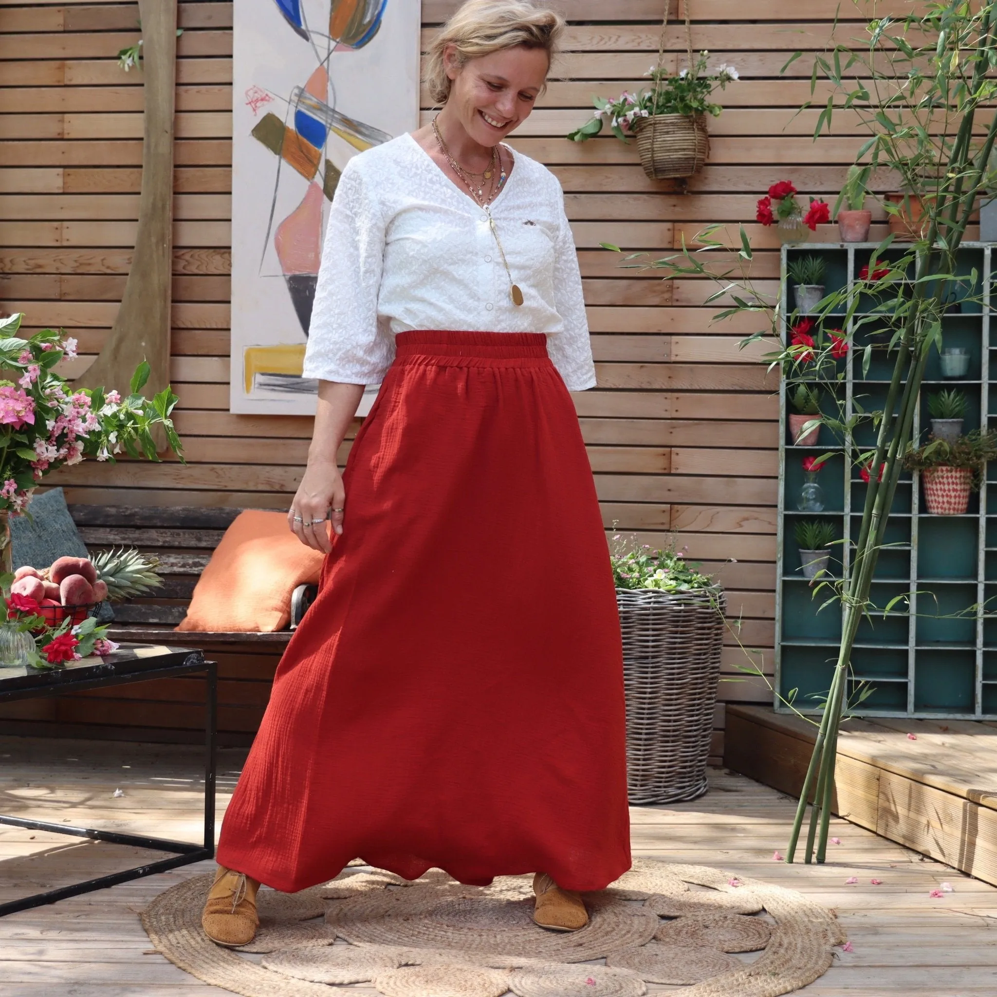 Jupe Tao Double gaze de coton terre de Sienne - 102cm de hauteur