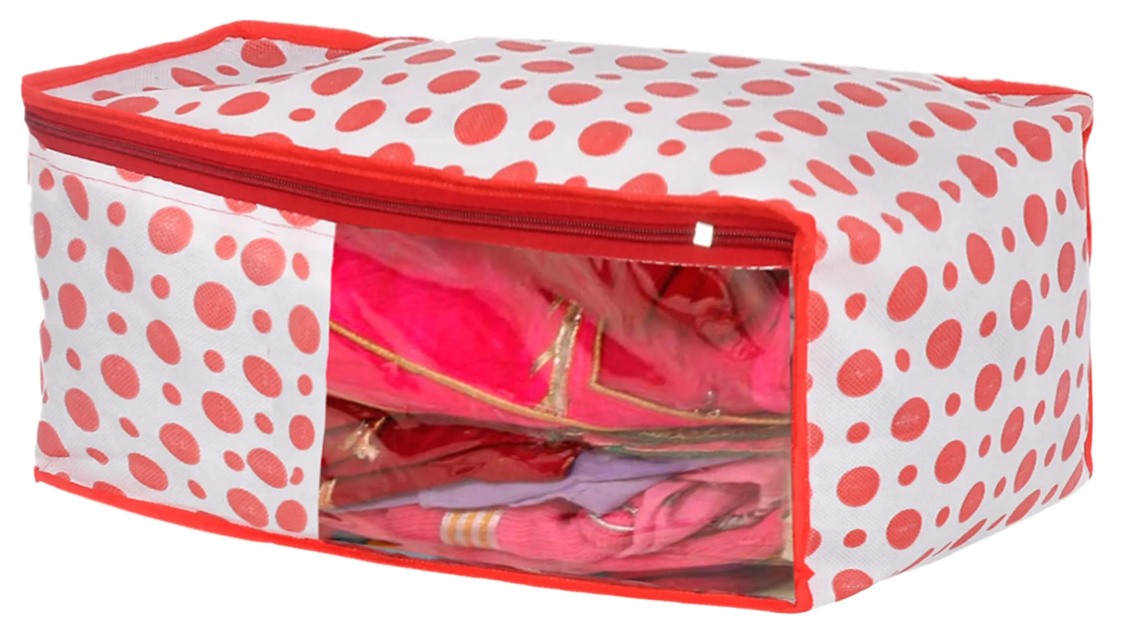 Kuber Industries Dot Printed Non-Woven Blouse Cover, Cloth Organizer, Wardrobe Organiser With Tranasparent Window- Pack of 2 (Blue & Pink)-46KM0312