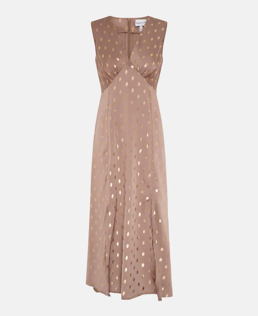 Light Brown Foil Satin Midi Dress