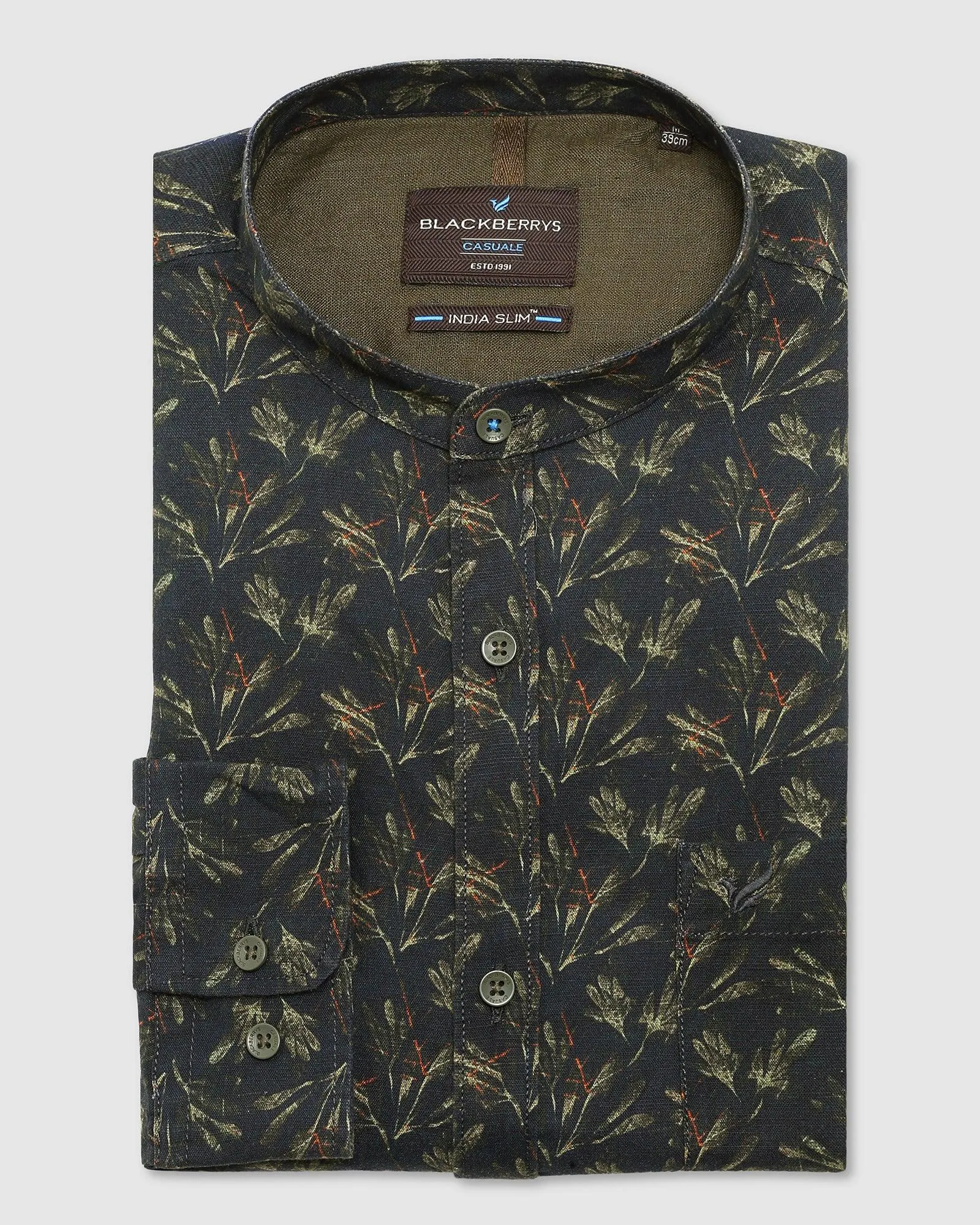 Linen Casual Olive Printed Shirt - Junichi