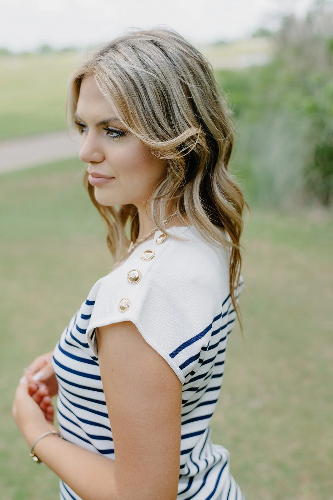 Navy Striped Button Detail Knit Dress