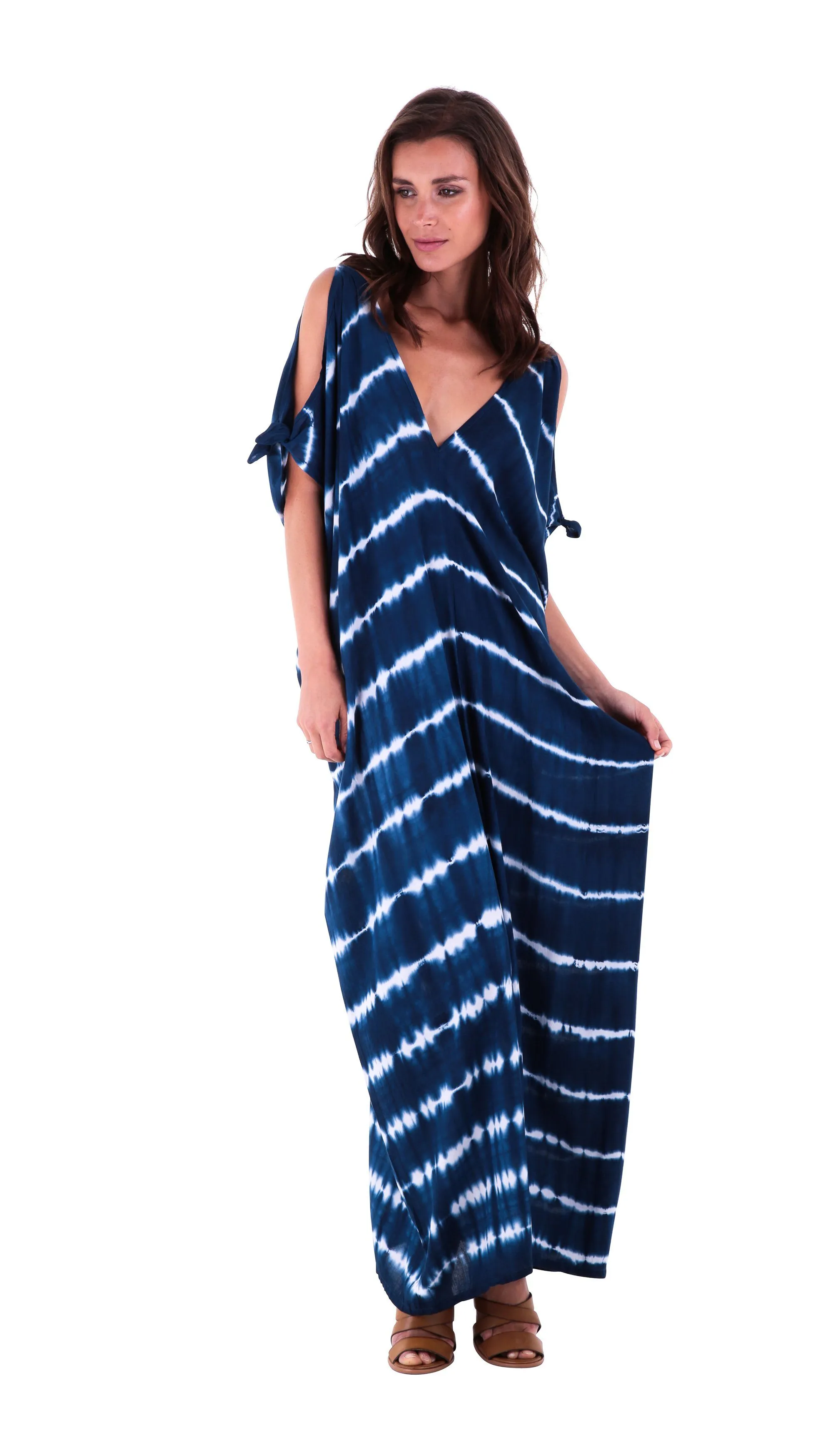 SHU-SHI Women's Camelia Casual Maxi Dress - Tie Dye Cold Shoulder Long Loose Beach Cover Up
