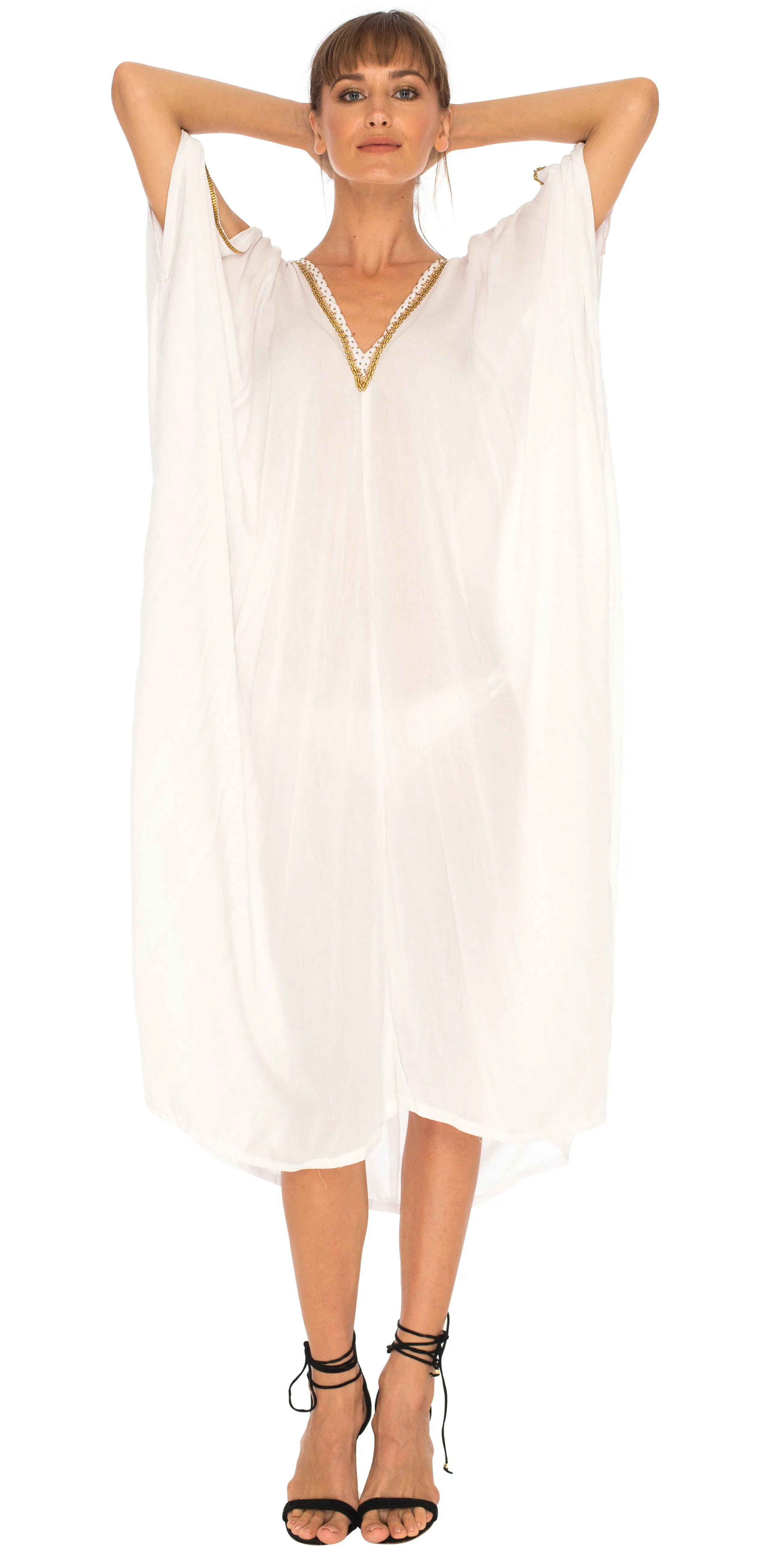 SHU-SHI Women's Cold Shoulder Kaftan Cover-Up Maxi Dress with Gold Beads and V-Neck