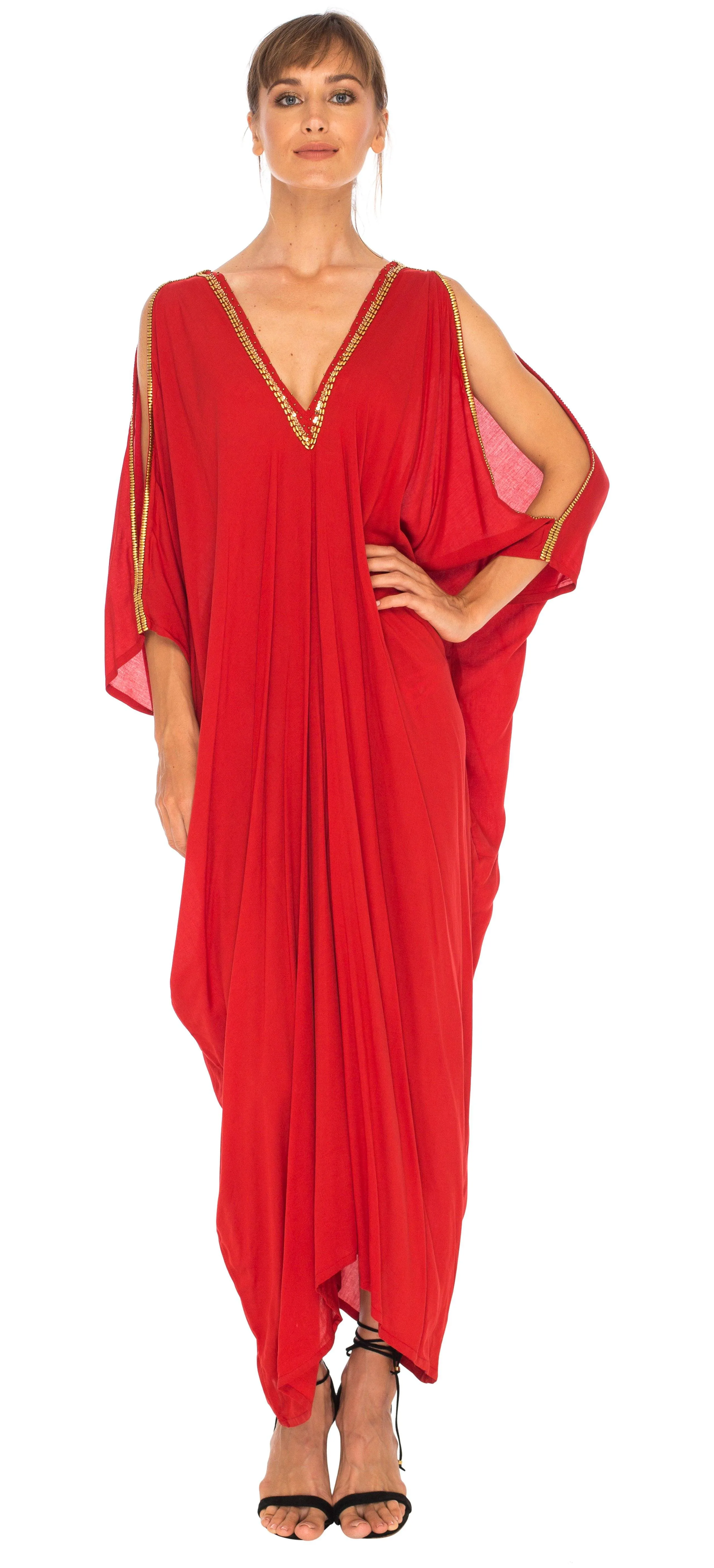 SHU-SHI Women's Cold Shoulder Kaftan Cover-Up Maxi Dress with Gold Beads and V-Neck