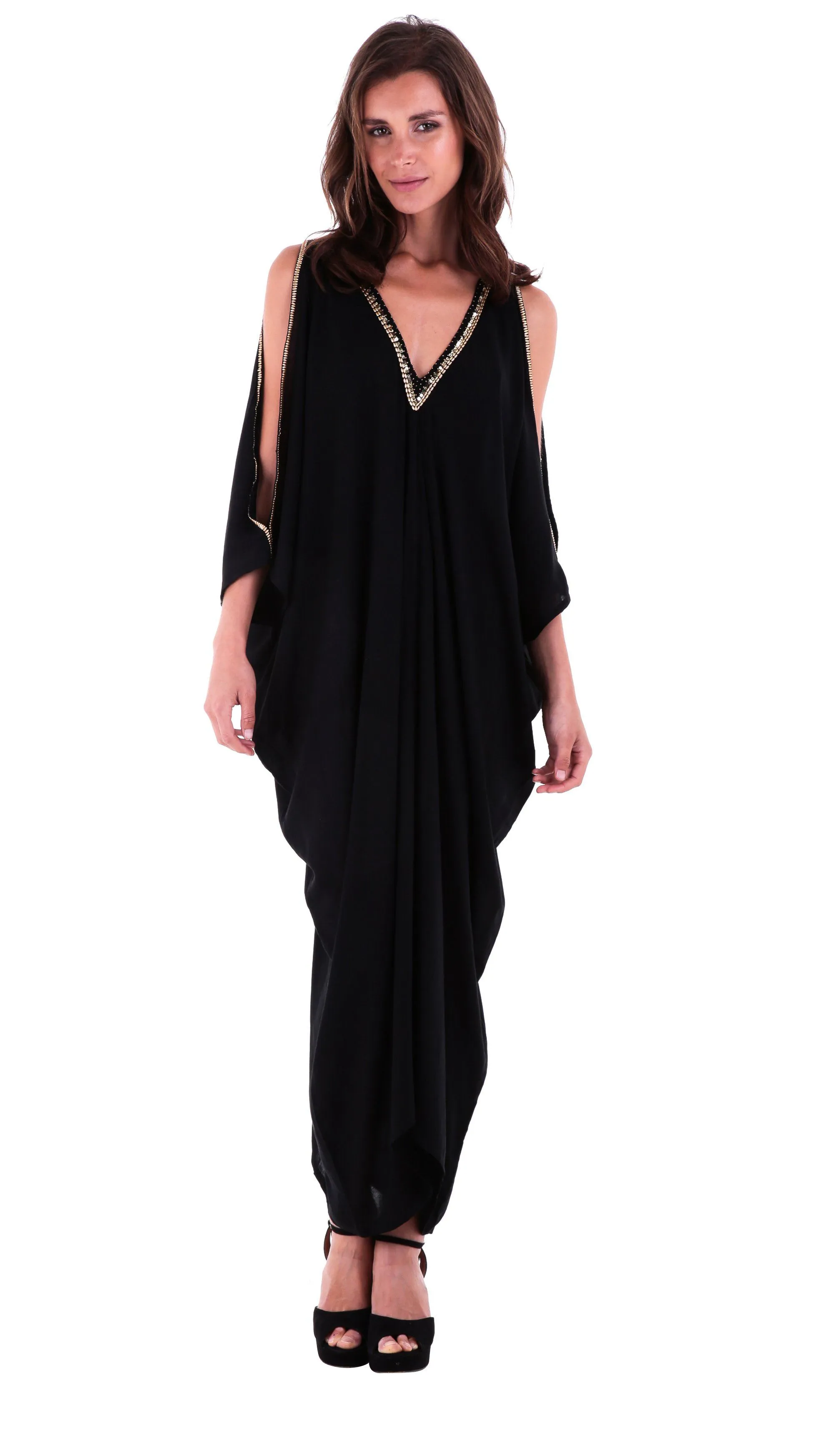 SHU-SHI Women's Cold Shoulder Kaftan Cover-Up Maxi Dress with Gold Beads and V-Neck