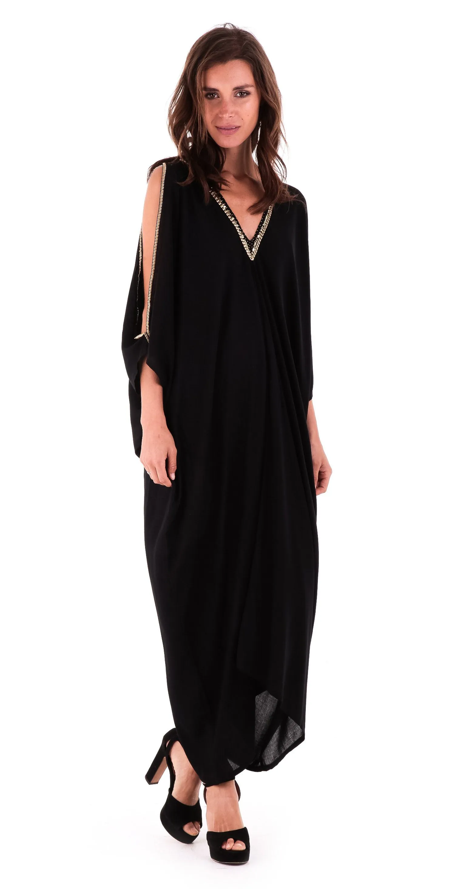 SHU-SHI Women's Cold Shoulder Kaftan Cover-Up Maxi Dress with Gold Beads and V-Neck