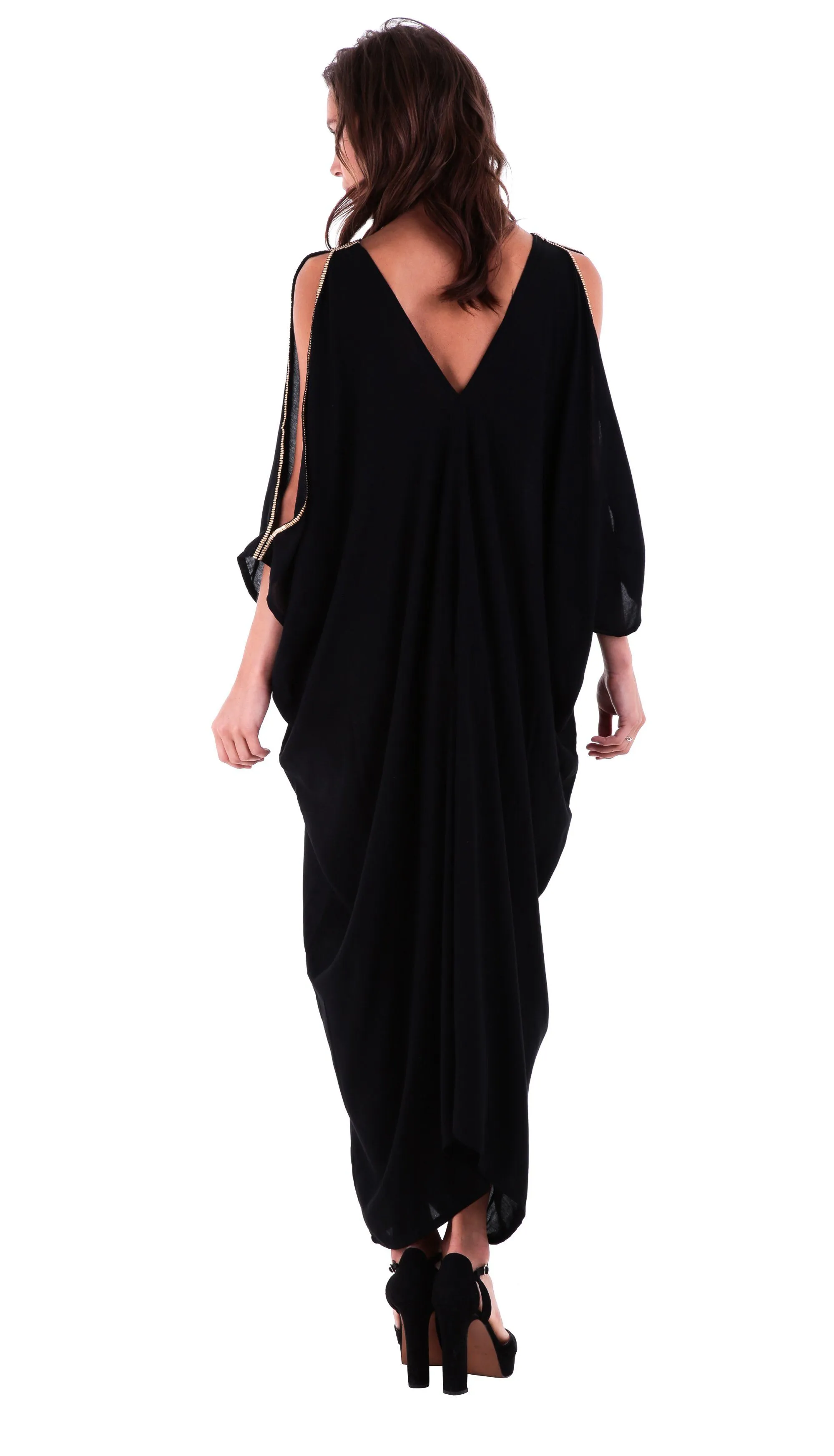 SHU-SHI Women's Cold Shoulder Kaftan Cover-Up Maxi Dress with Gold Beads and V-Neck