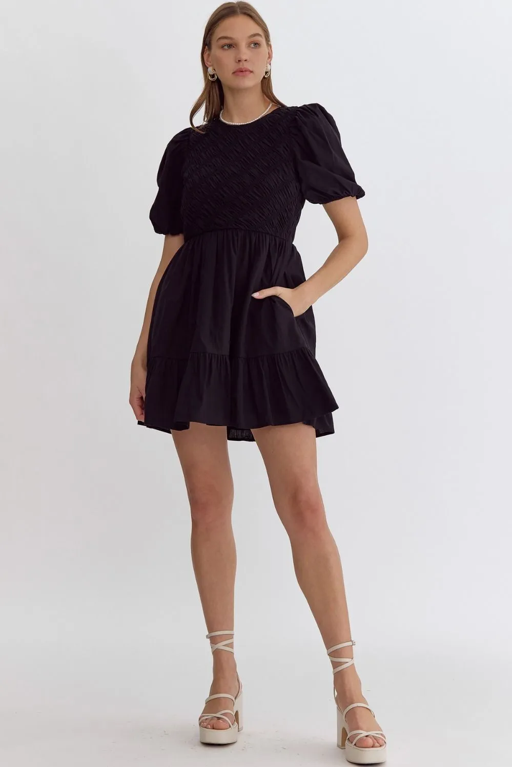 Solid Smocked Short Sleeve Mini Dress