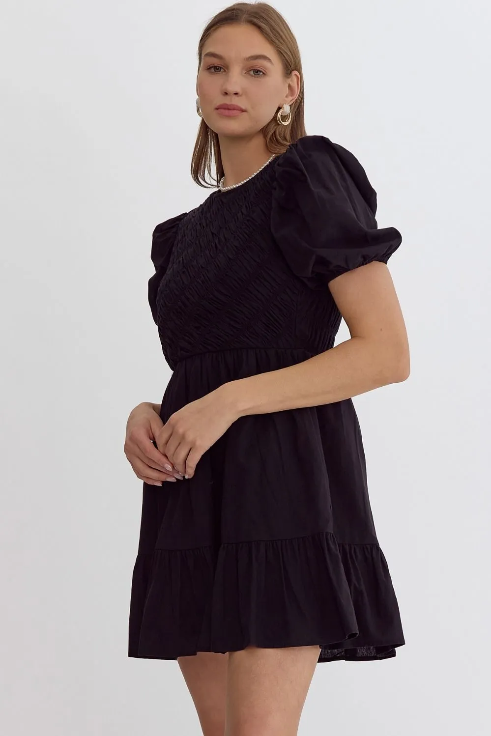 Solid Smocked Short Sleeve Mini Dress