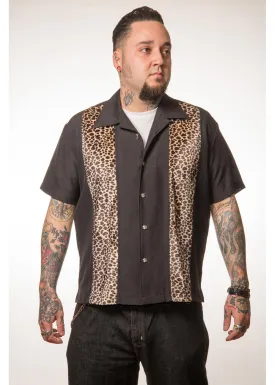 Steady Clothing Mens Leopard Panel Button Up Shirt Black