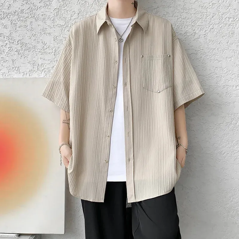 Wiaofellas  -  Men's Short Sleeve Shirt Rivet Design Blouses Casual Solid Streetwear Shirts Summer Pleated Button Y2K Tops