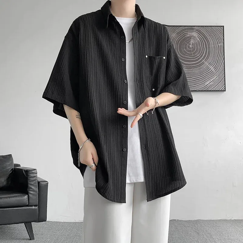 Wiaofellas  -  Men's Short Sleeve Shirt Rivet Design Blouses Casual Solid Streetwear Shirts Summer Pleated Button Y2K Tops
