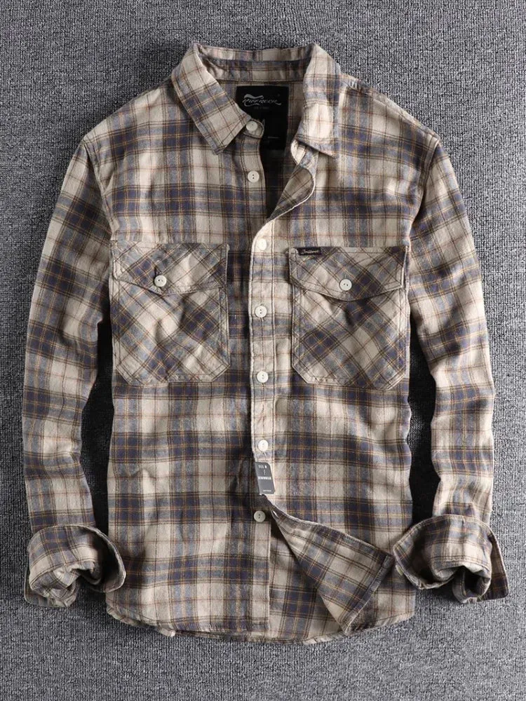 Wiaofellas  -  Spring New American Retro Long-Sleeve Lapel Brushed Fabric Plaid Shirt Men's Fashion Washed Loose Casual Blouses