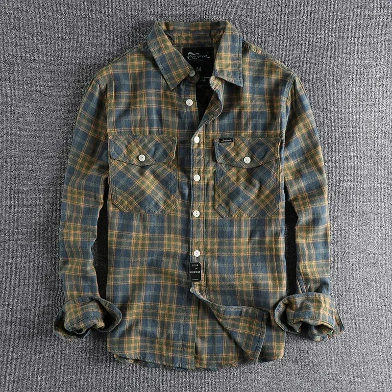 Wiaofellas  -  Spring New American Retro Long-Sleeve Lapel Brushed Fabric Plaid Shirt Men's Fashion Washed Loose Casual Blouses