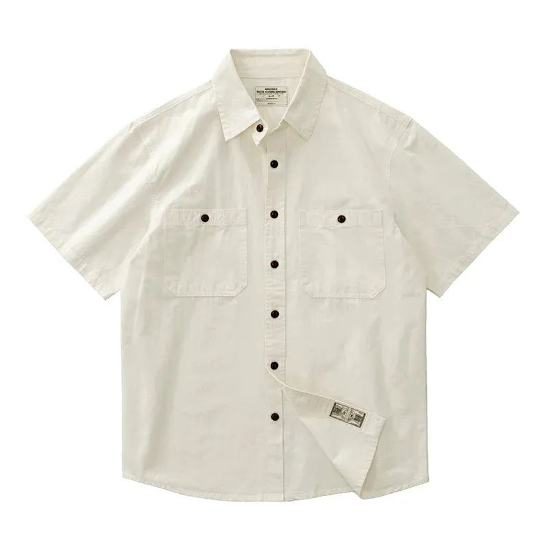 Wiaofellas  -  Summer American Retro Short Sleeve Lapel Cargo Shirt Men's Amei Khaki 100% Cotton Washed Double Pocket Casual Tough Guy Blouses
