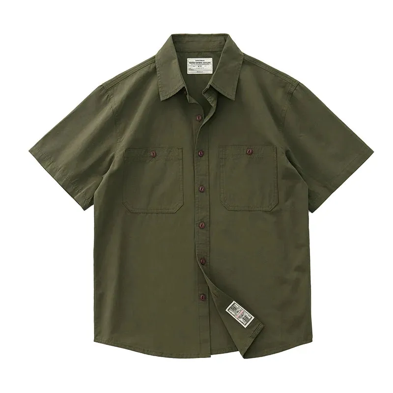 Wiaofellas  -  Summer American Retro Short Sleeve Lapel Cargo Shirt Men's Amei Khaki 100% Cotton Washed Double Pocket Casual Tough Guy Blouses