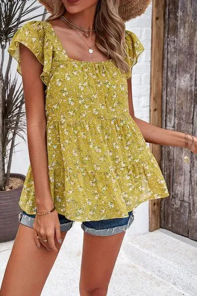 Women's Cap Sleeve Printed Square Neck Top